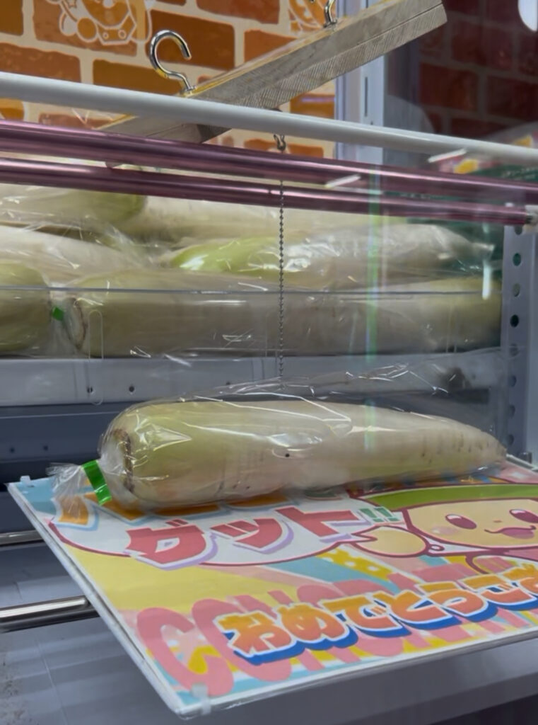 北海道旭川市にあるクレーンゲーム専門店ハピピランド。大根が景品になっています。